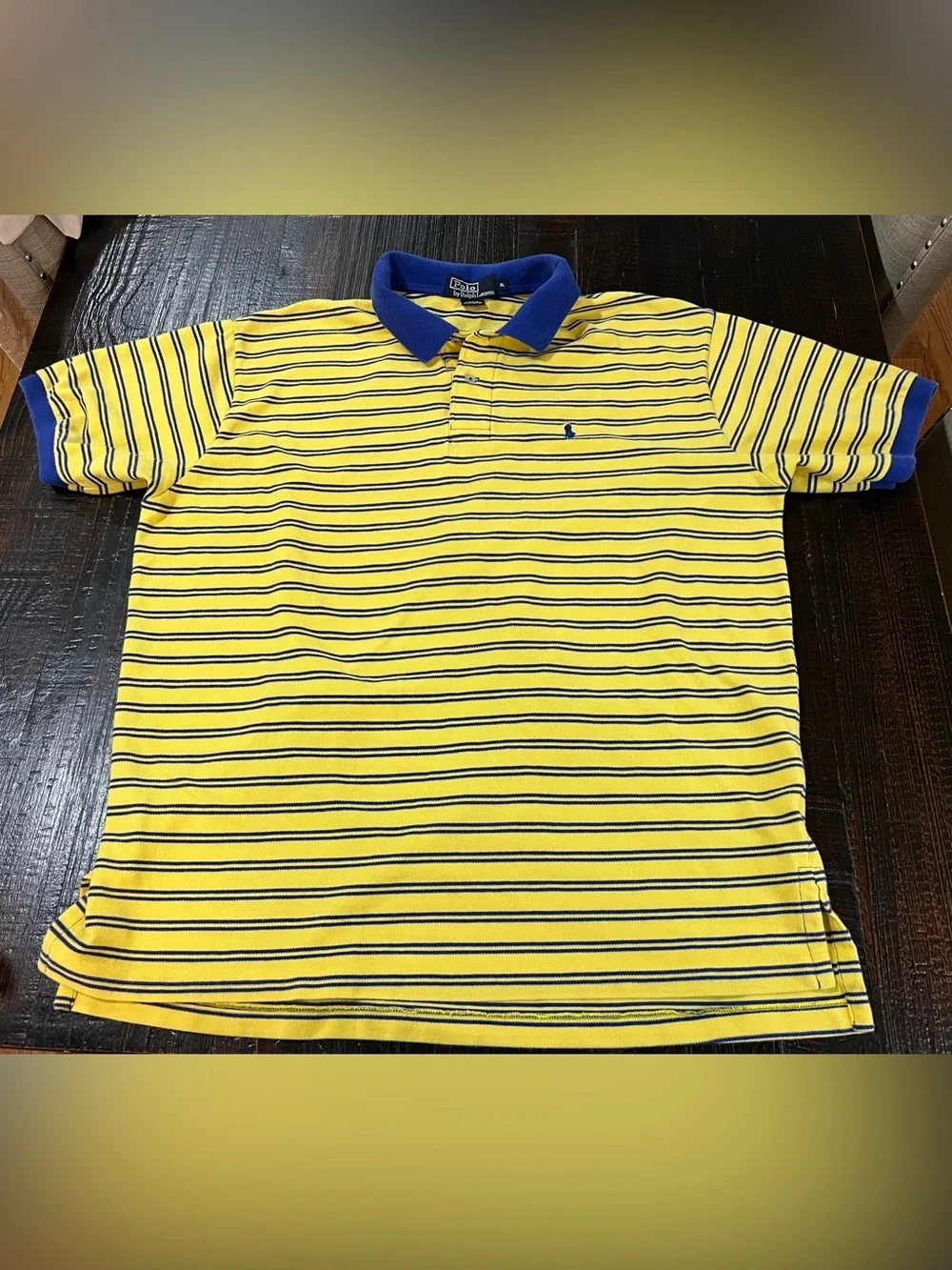 Polo Ralph Lauren Mens XXL Polo Shirt Yellow Blue Stripe Cotton Pony Preppy